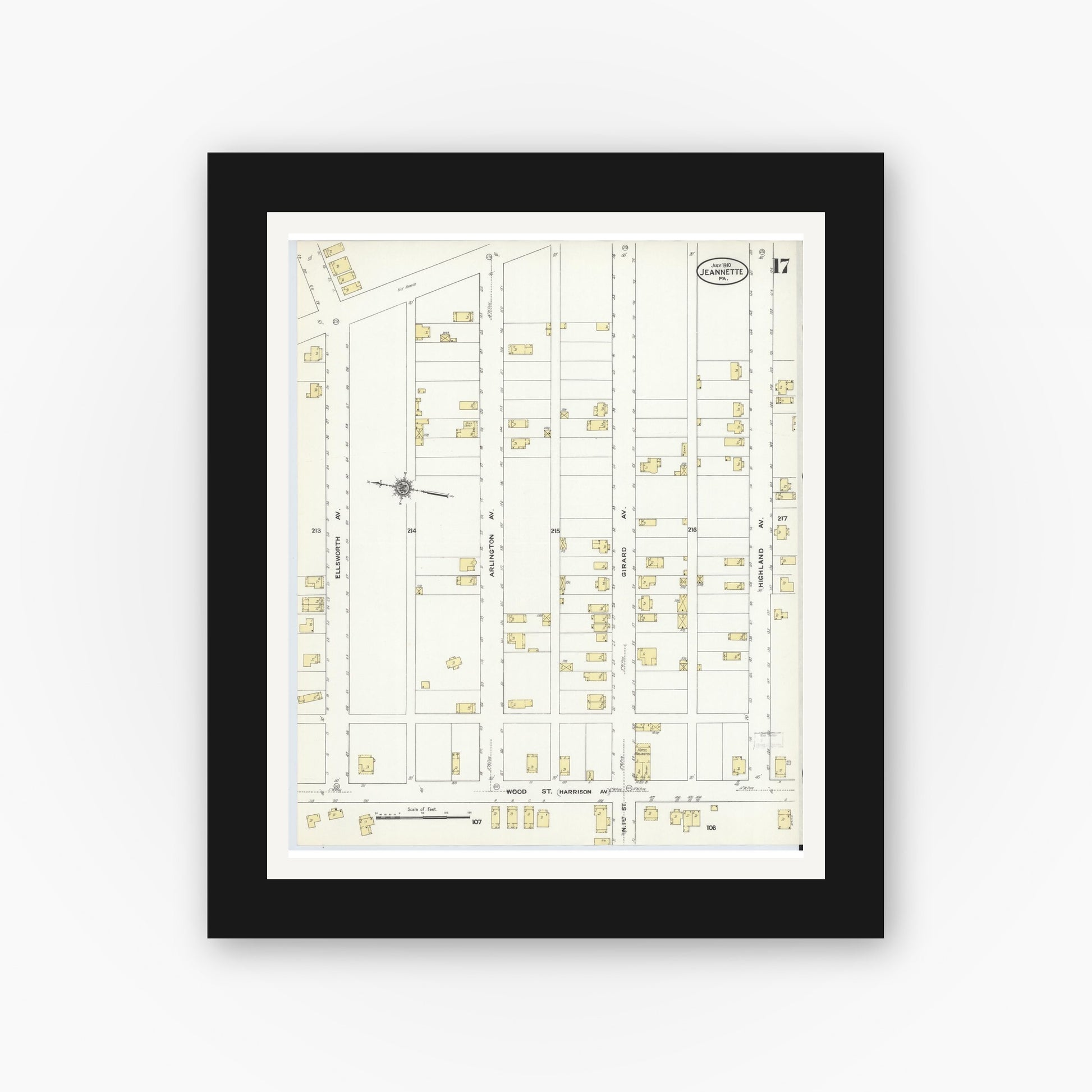 Old map wall art mockup — black gallery frame with white mat — Sanborn Fire Insurance Map from Jeannette, Westmoreland County, Pennsylvania (1910), Sheet #0017