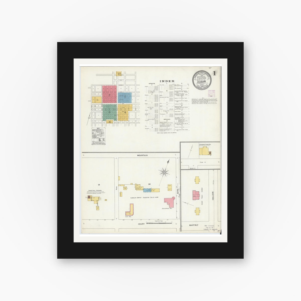 Old map wall art mockup — black gallery frame with white mat — Sanborn Fire Insurance Map from Seguin, Guadalupe County, Texas (1906) - Complete Map Set