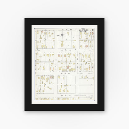 Old map wall art mockup — black gallery frame with white mat — Sanborn Fire Insurance Map from Little Falls, Morrison County, Minnesota (1909), Sheet #0008