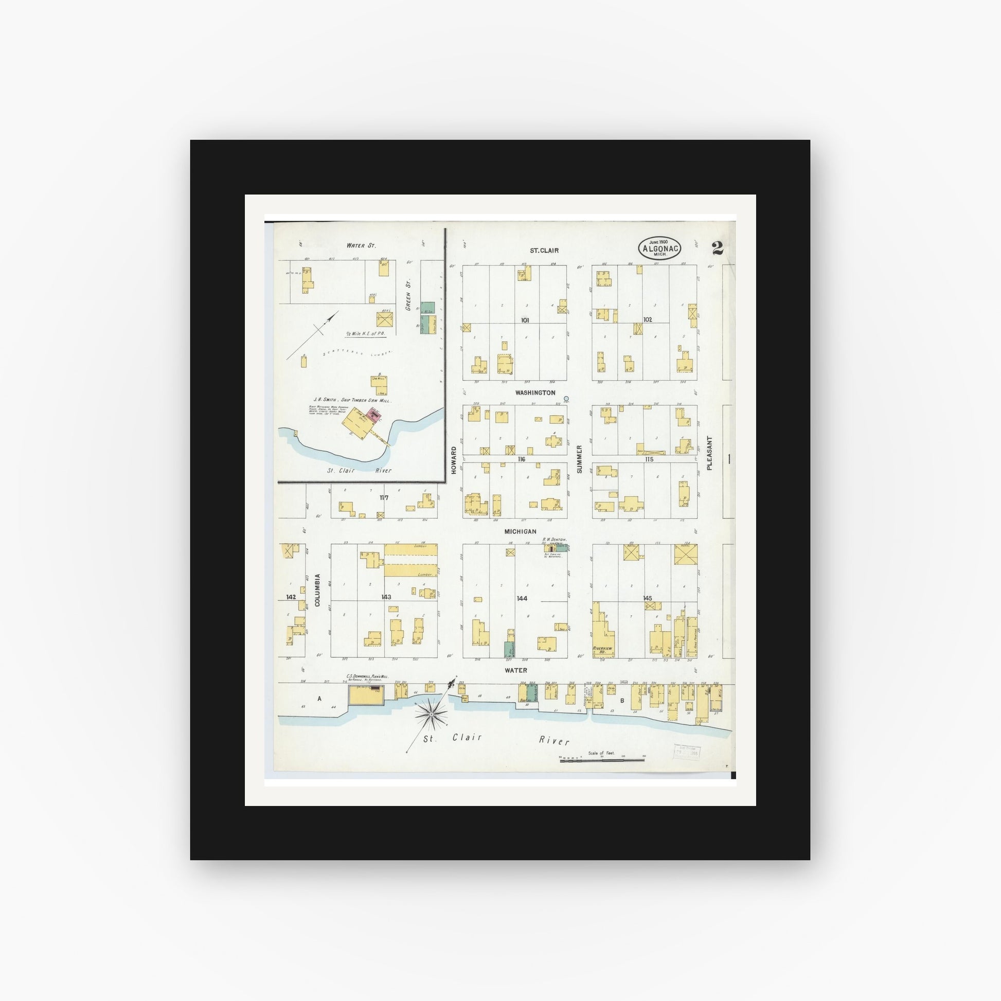 Old map wall art mockup — black gallery frame with white mat — Sanborn Fire Insurance Map from Algonac, Saint Clair County, Michigan (1900), Sheet #0002