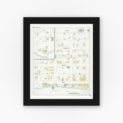 Old map wall art mockup — black gallery frame with white mat — Sanborn Fire Insurance Map from Algonac, Saint Clair County, Michigan (1900), Sheet #0002