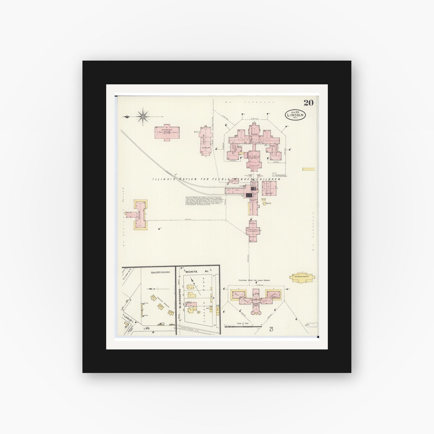 Old map wall art mockup — black gallery frame with white mat — Sanborn Fire Insurance Map from Lincoln, Logan County, Illinois (1909), Sheet #0020