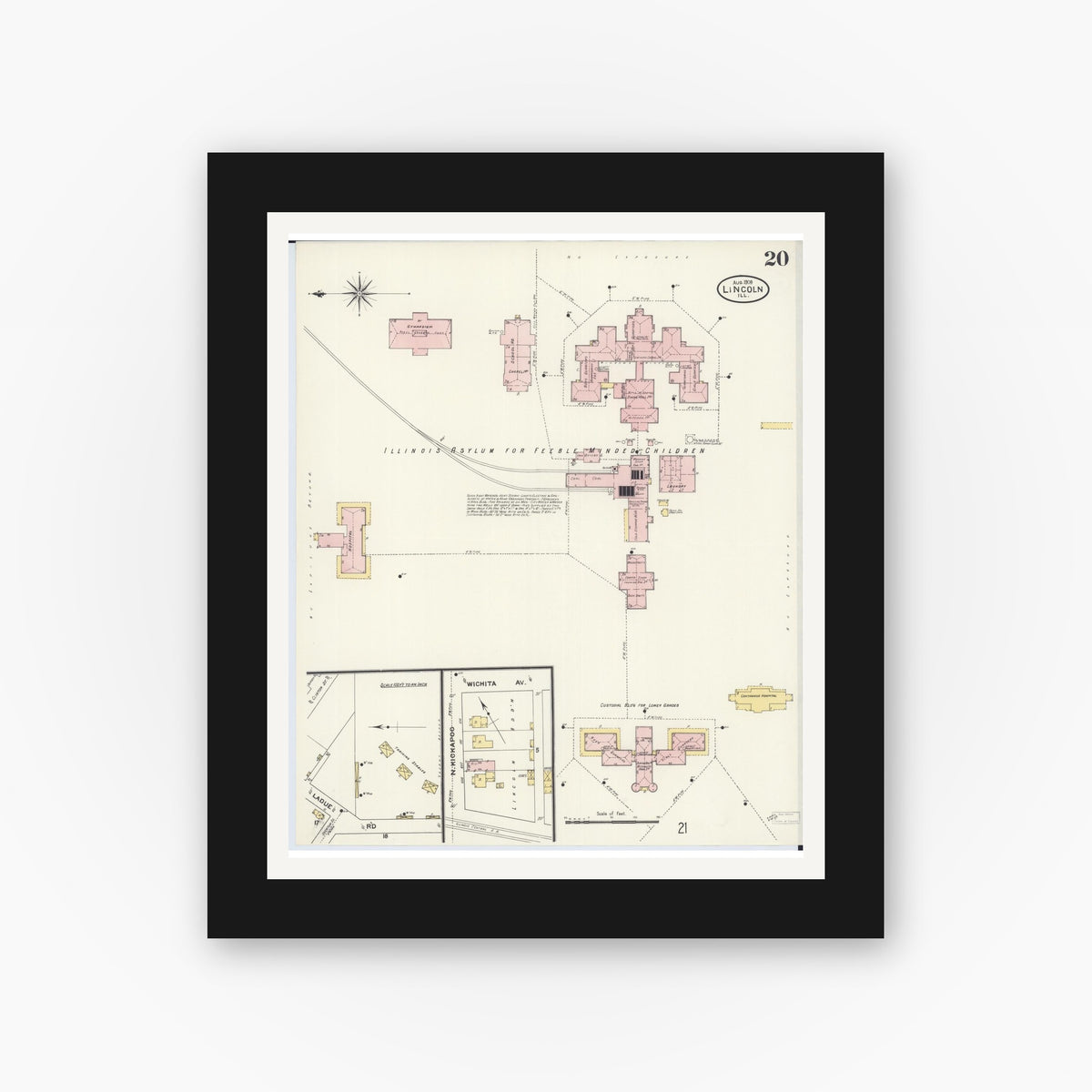 Old map wall art mockup — black gallery frame with white mat — Sanborn Fire Insurance Map from Lincoln, Logan County, Illinois (1909), Sheet #0020