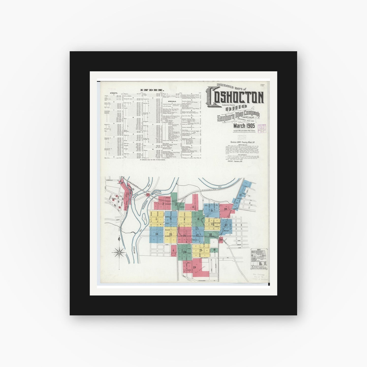 Old map wall art mockup — black gallery frame with white mat — Sanborn Fire Insurance Map from Coshocton, Coshocton County, Ohio (1905), Sheet #0001