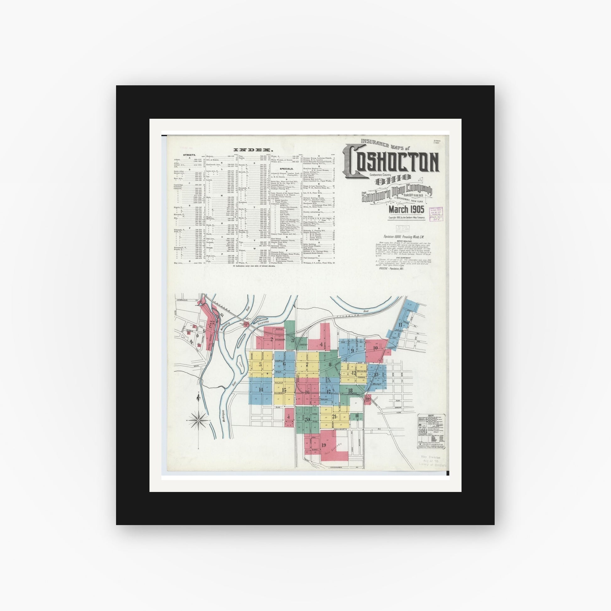 Old map wall art mockup — black gallery frame with white mat — Sanborn Fire Insurance Map from Coshocton, Coshocton County, Ohio (1905), Sheet #0001