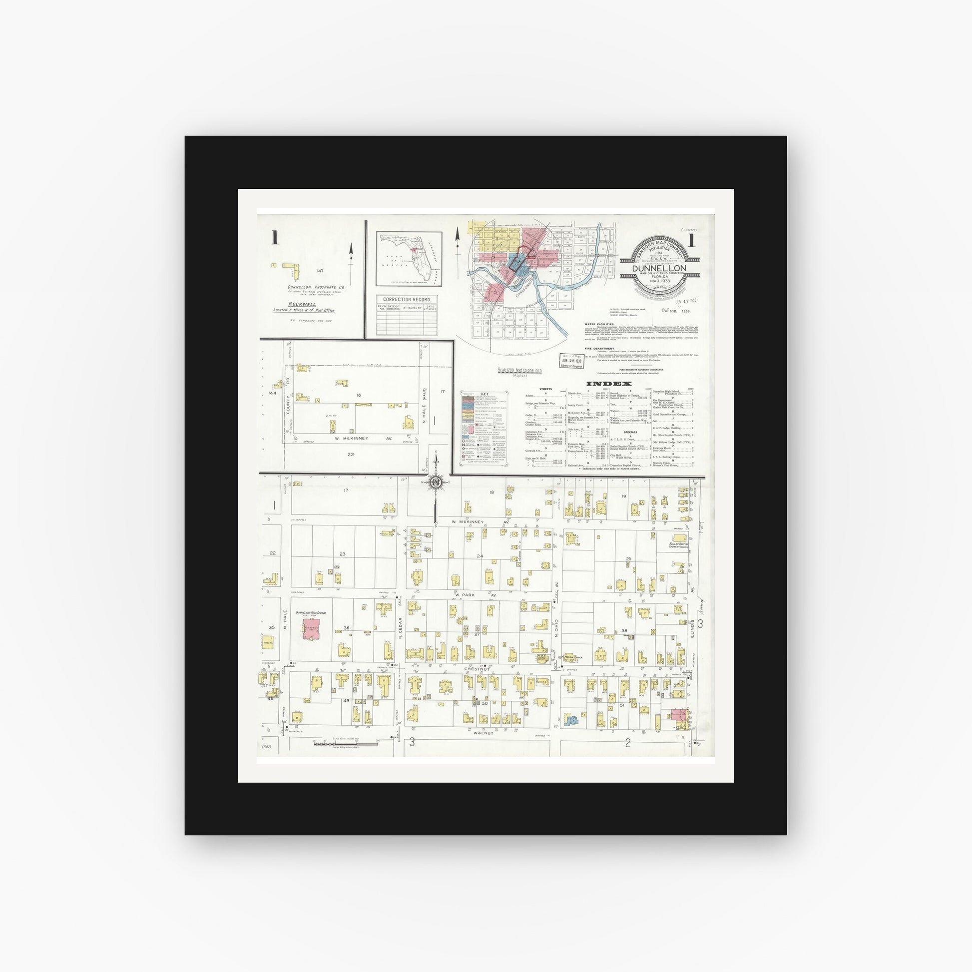 Old map wall art mockup — black gallery frame with white mat — Sanborn Fire Insurance Map from Dunnellon, Marion County, Florida (1933), Sheet #0001