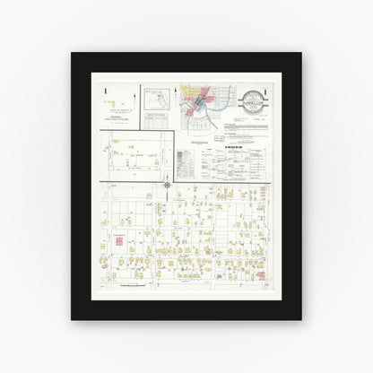 Old map wall art mockup — black gallery frame with white mat — Sanborn Fire Insurance Map from Dunnellon, Marion County, Florida (1933), Sheet #0001