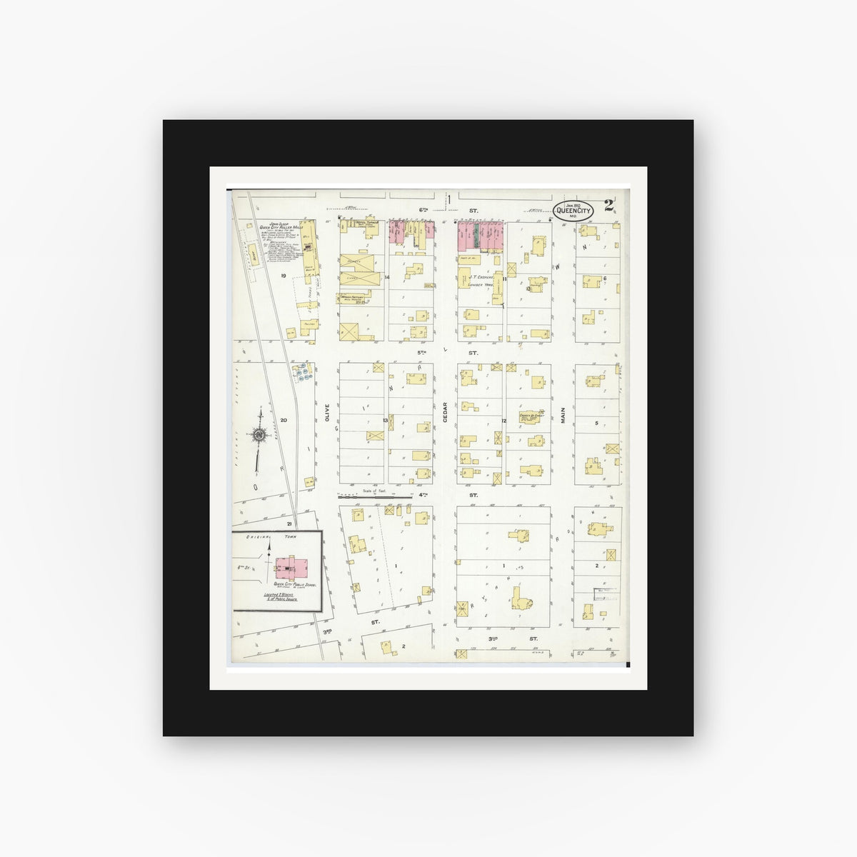 Old map wall art mockup — black gallery frame with white mat — Sanborn Fire Insurance Map from Queen City, Schuyler County, Missouri (1910), Sheet #0002