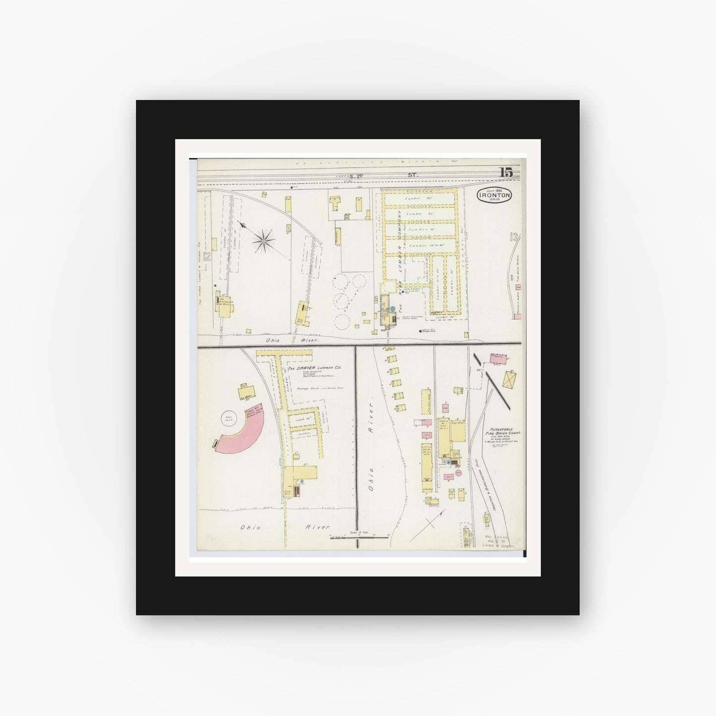 Old map wall art mockup — black gallery frame with white mat — Sanborn Fire Insurance Map from Ironton, Lawrence County, Ohio (1893), Sheet #0015