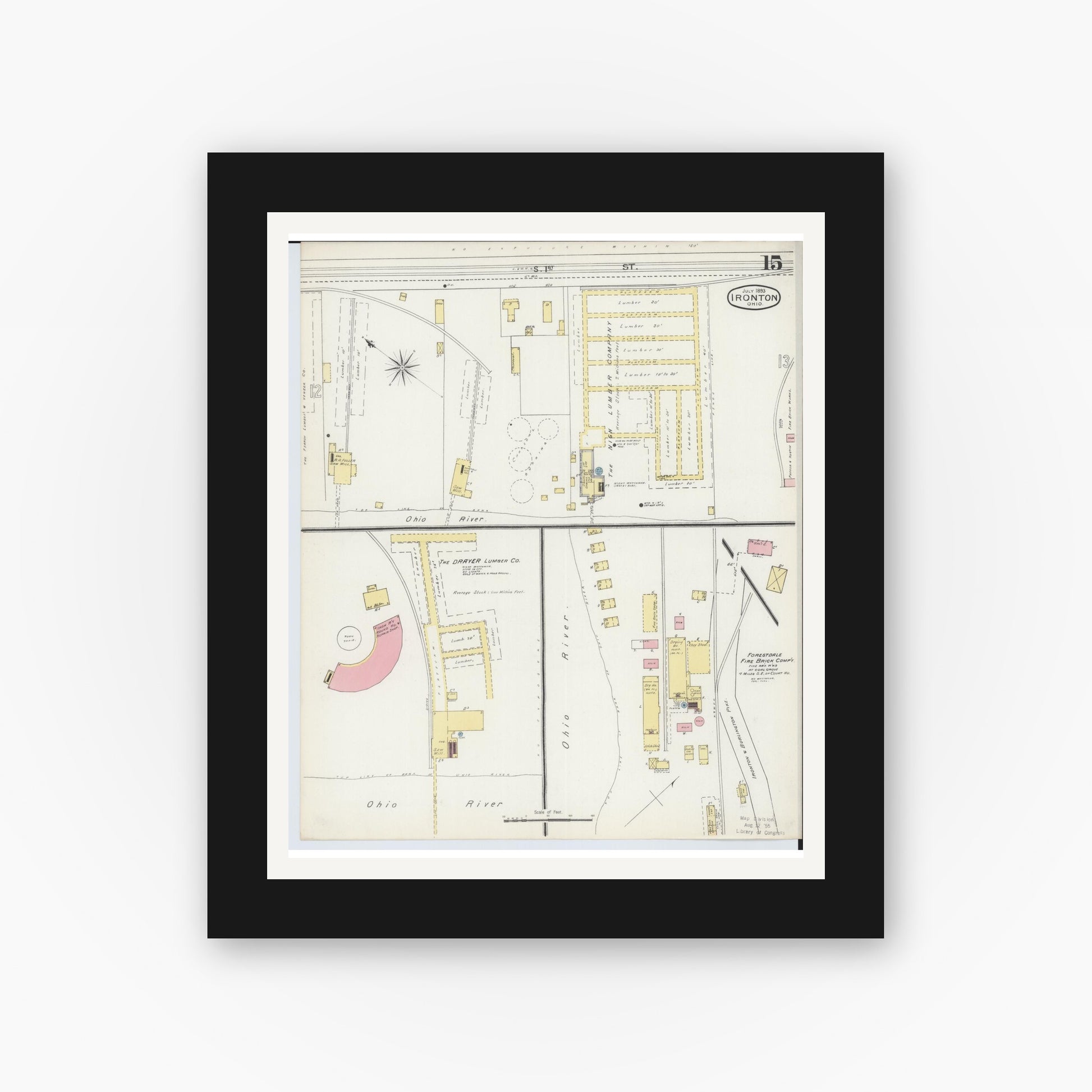 Old map wall art mockup — black gallery frame with white mat — Sanborn Fire Insurance Map from Ironton, Lawrence County, Ohio (1893), Sheet #0015