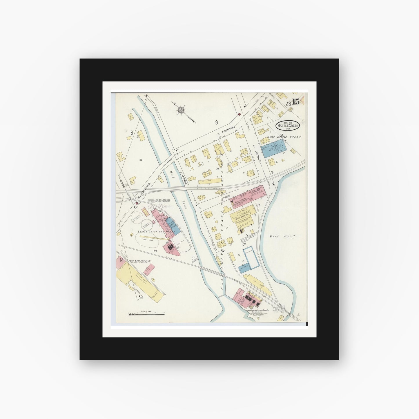 Old map wall art mockup — black gallery frame with white mat — Sanborn Fire Insurance Map from Battle Creek, Calhoun County, Michigan (1913), Sheet #0015