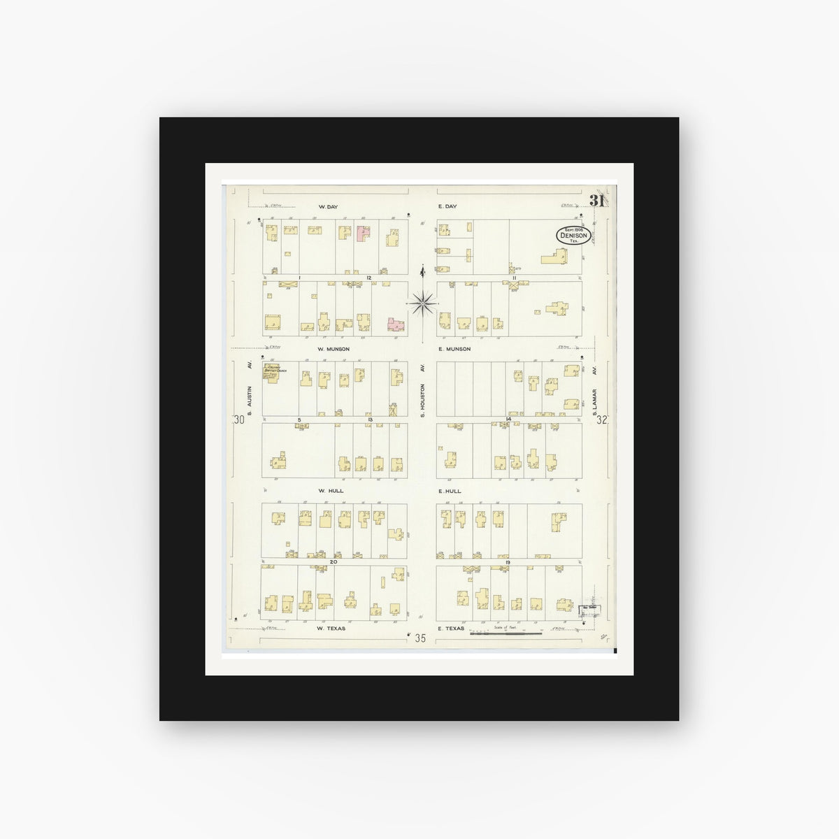 Old map wall art mockup — black gallery frame with white mat — Sanborn Fire Insurance Map from Denison, Grayson County, Texas (1908), Sheet #0031