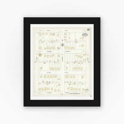 Old map wall art mockup — black gallery frame with white mat — Sanborn Fire Insurance Map from Denison, Grayson County, Texas (1908), Sheet #0031