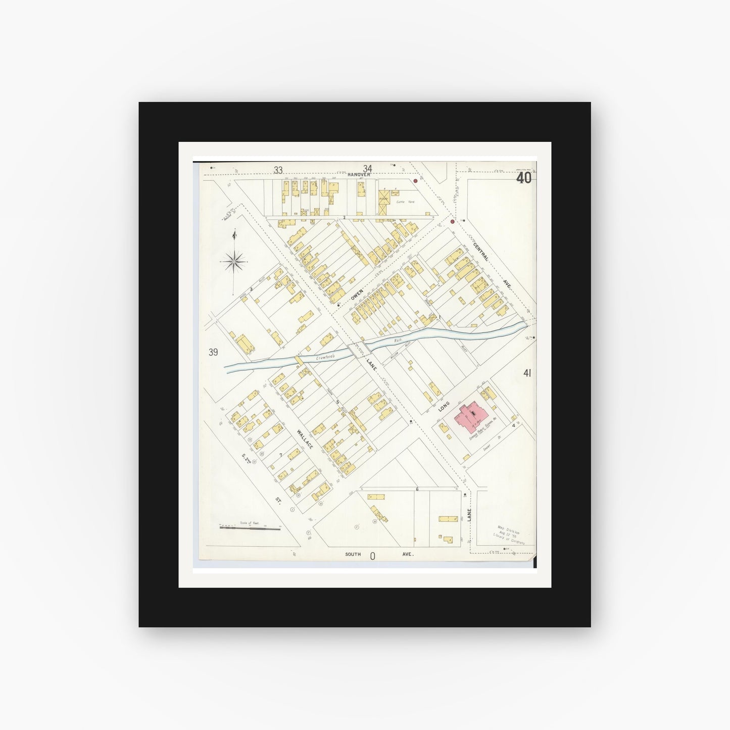 Old map wall art mockup — black gallery frame with white mat — Sanborn Fire Insurance Map from Hamilton, Butler County, Ohio (1899), Sheet #0040