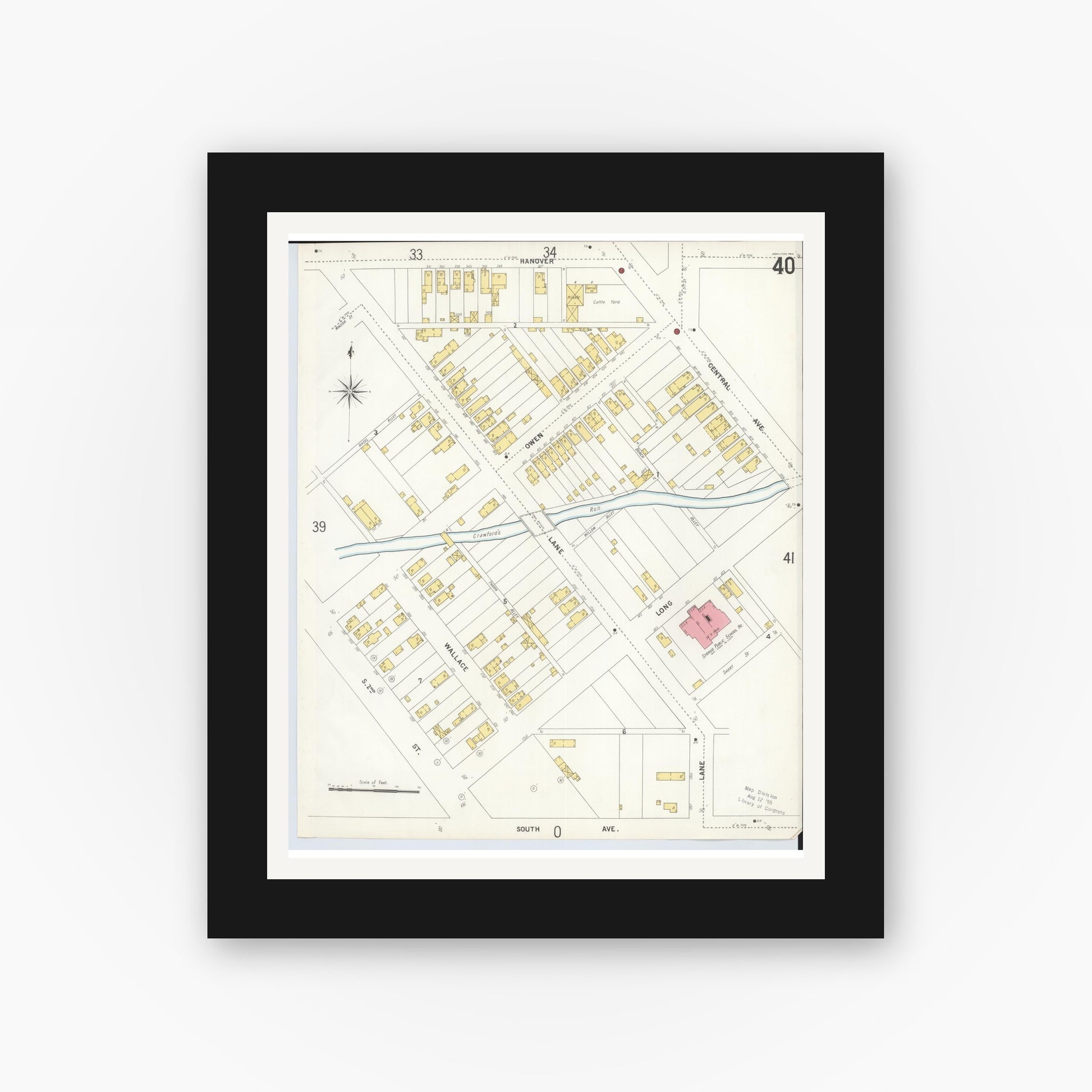 Old map wall art mockup — black gallery frame with white mat — Sanborn Fire Insurance Map from Hamilton, Butler County, Ohio (1899), Sheet #0040
