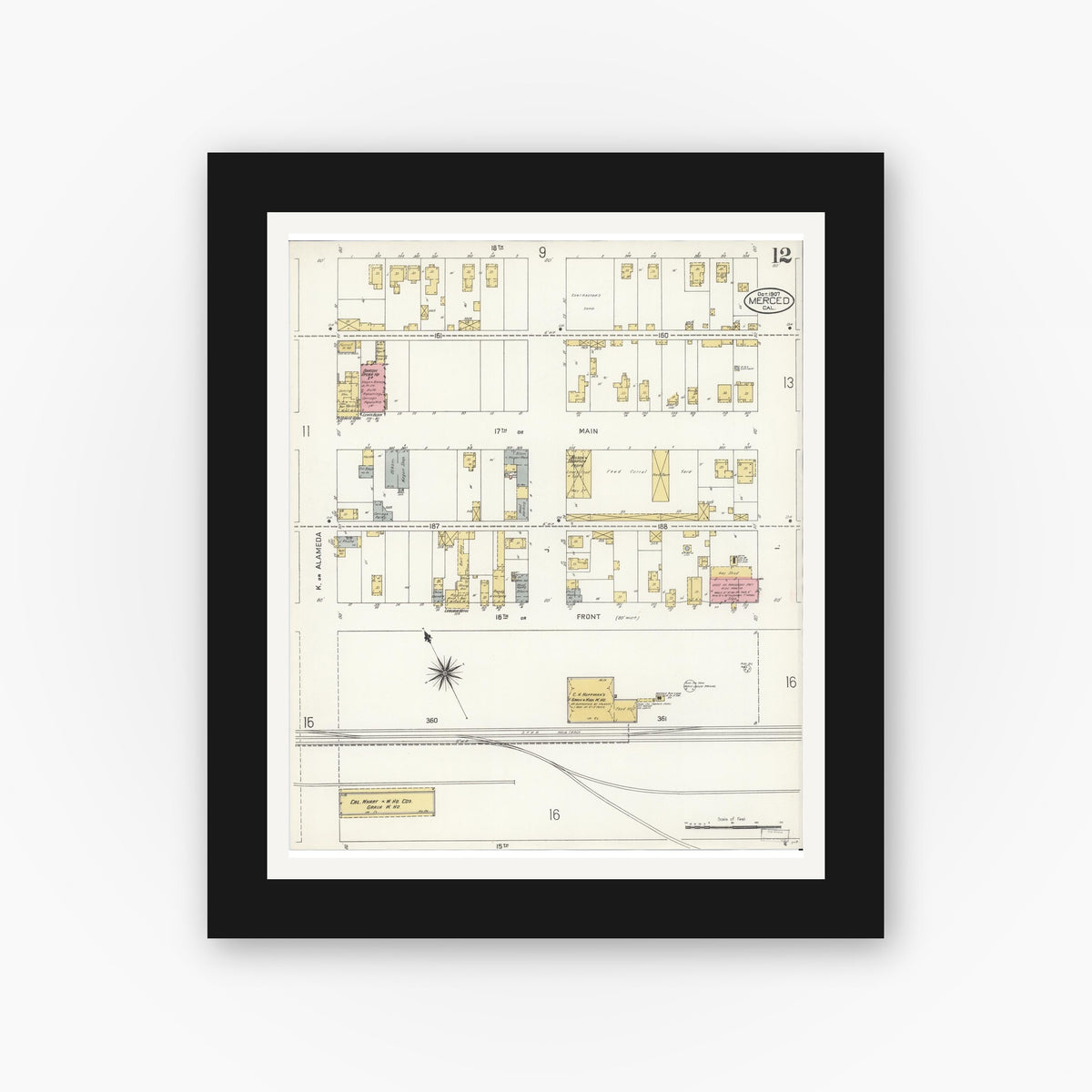 Old map wall art mockup — black gallery frame with white mat — Sanborn Fire Insurance Map from Merced, Merced County, California (1907), Sheet #0012