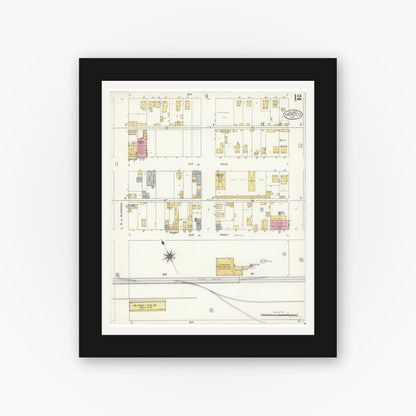 Old map wall art mockup — black gallery frame with white mat — Sanborn Fire Insurance Map from Merced, Merced County, California (1907), Sheet #0012