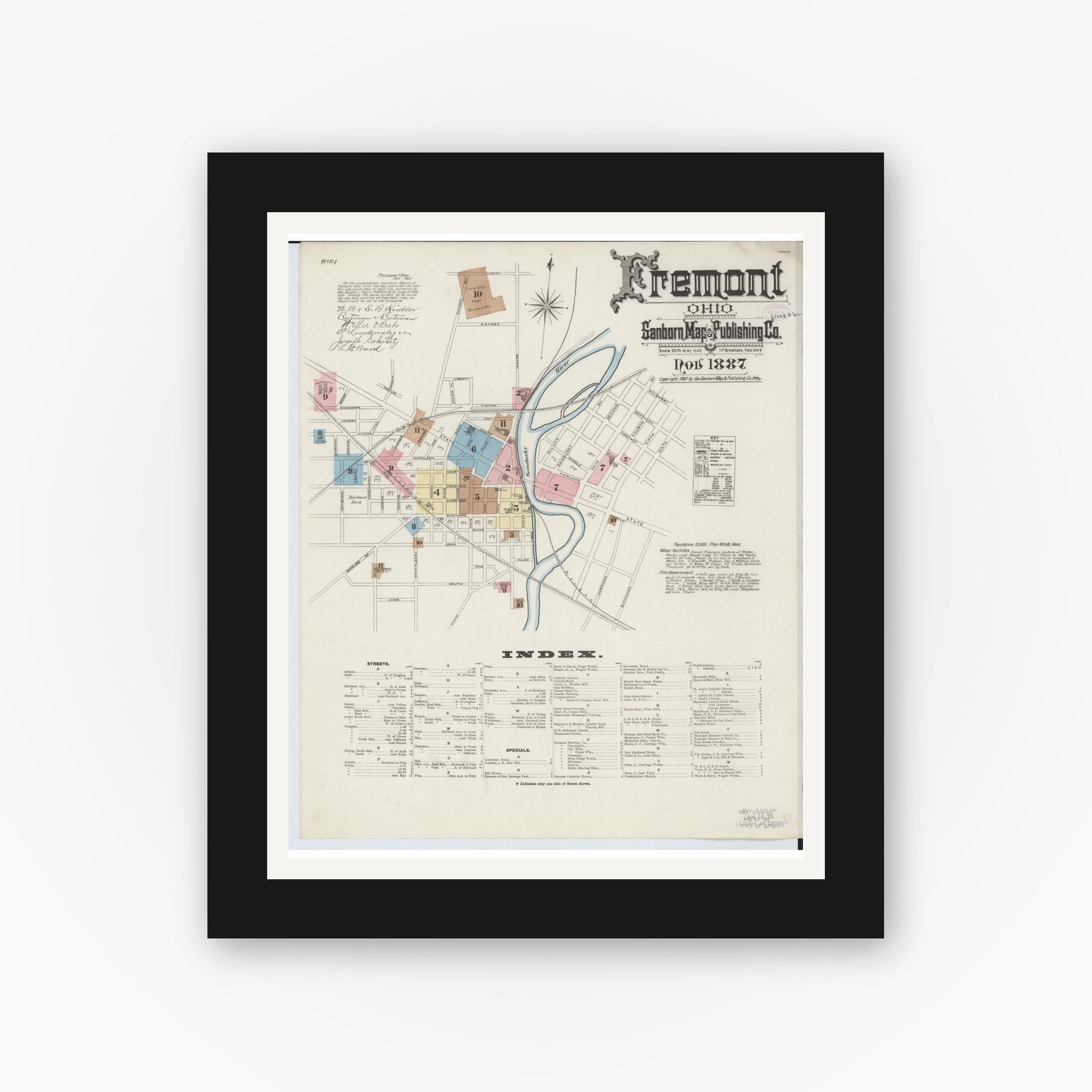 Old map wall art mockup — black gallery frame with white mat — Sanborn Fire Insurance Map from Fremont, Sandusky County, Ohio (1887), Sheet #0001