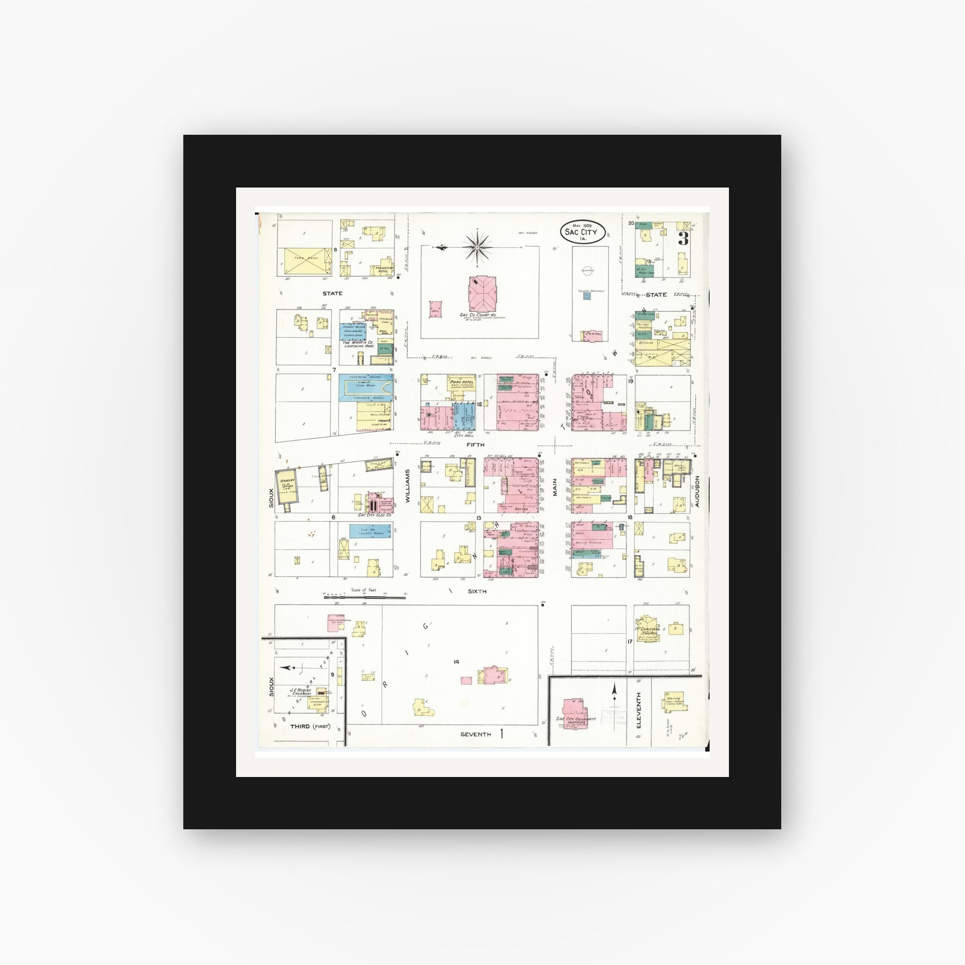 Old map wall art mockup — black gallery frame with white mat — Sanborn Fire Insurance Map from Sac City, Sac County, Iowa (1909), Sheet #0003