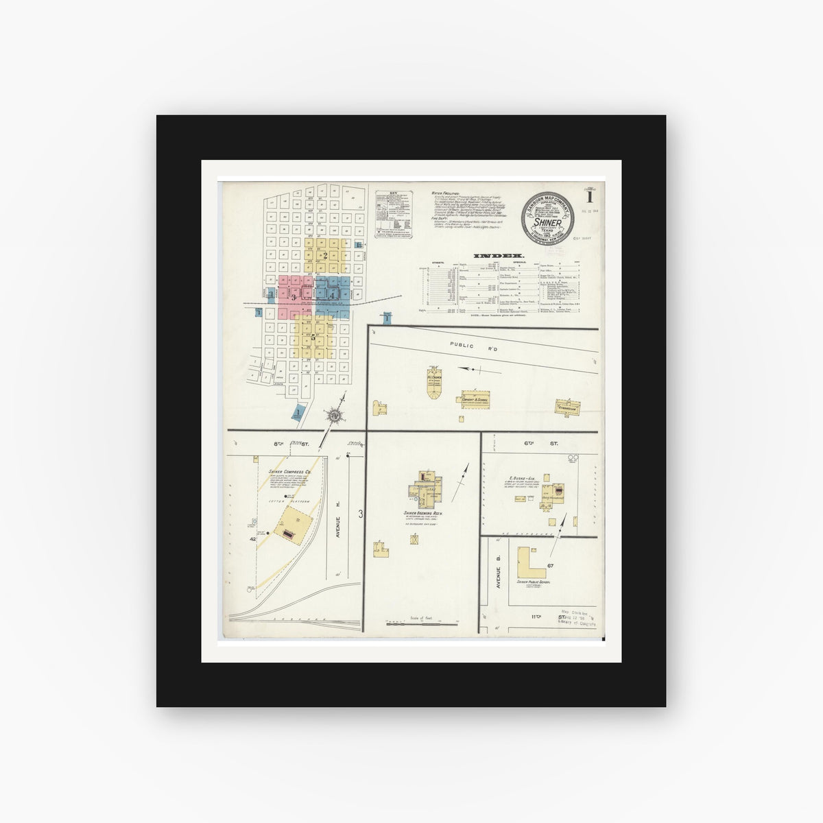 Old map wall art mockup — black gallery frame with white mat — Sanborn Fire Insurance Map from Shiner, Lavaca County, Texas (1912), Sheet #0001