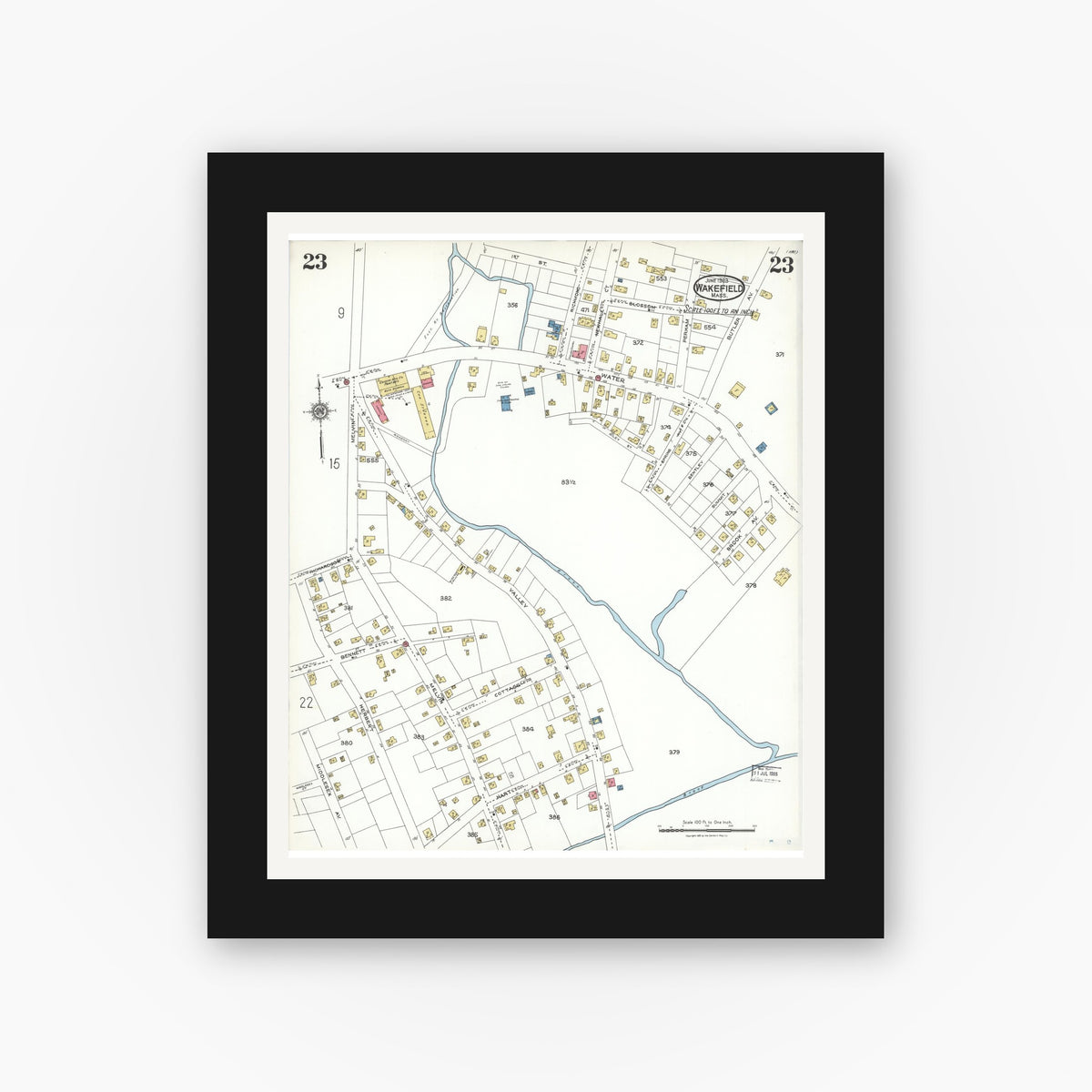 Old map wall art mockup — black gallery frame with white mat — Sanborn Fire Insurance Map from Wakefield, Middlesex County, Massachusetts (1923), Sheet #0023