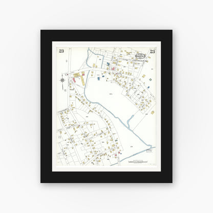 Old map wall art mockup — black gallery frame with white mat — Sanborn Fire Insurance Map from Wakefield, Middlesex County, Massachusetts (1923), Sheet #0023