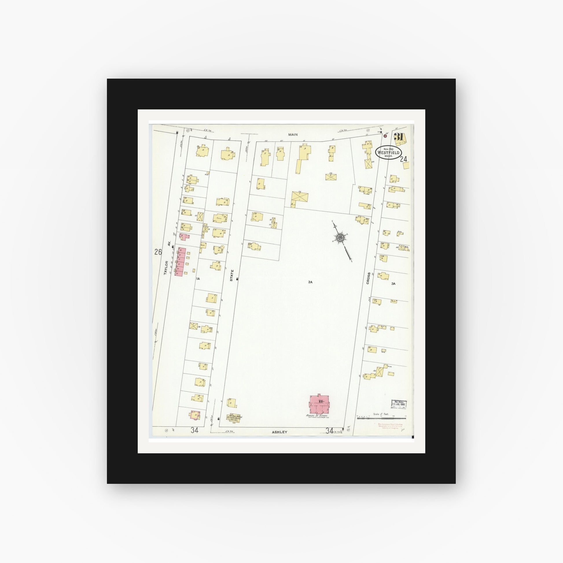 Old map wall art mockup — black gallery frame with white mat — Sanborn Fire Insurance Map from Westfield, Hampden County, Massachusetts (1910), Sheet #0031