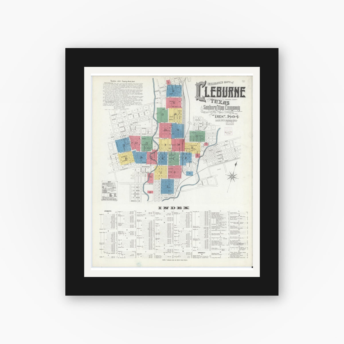 Old map wall art mockup — black gallery frame with white mat — Sanborn Fire Insurance Map from Cleburne, Johnson County, Texas (1904) - Complete Map Set