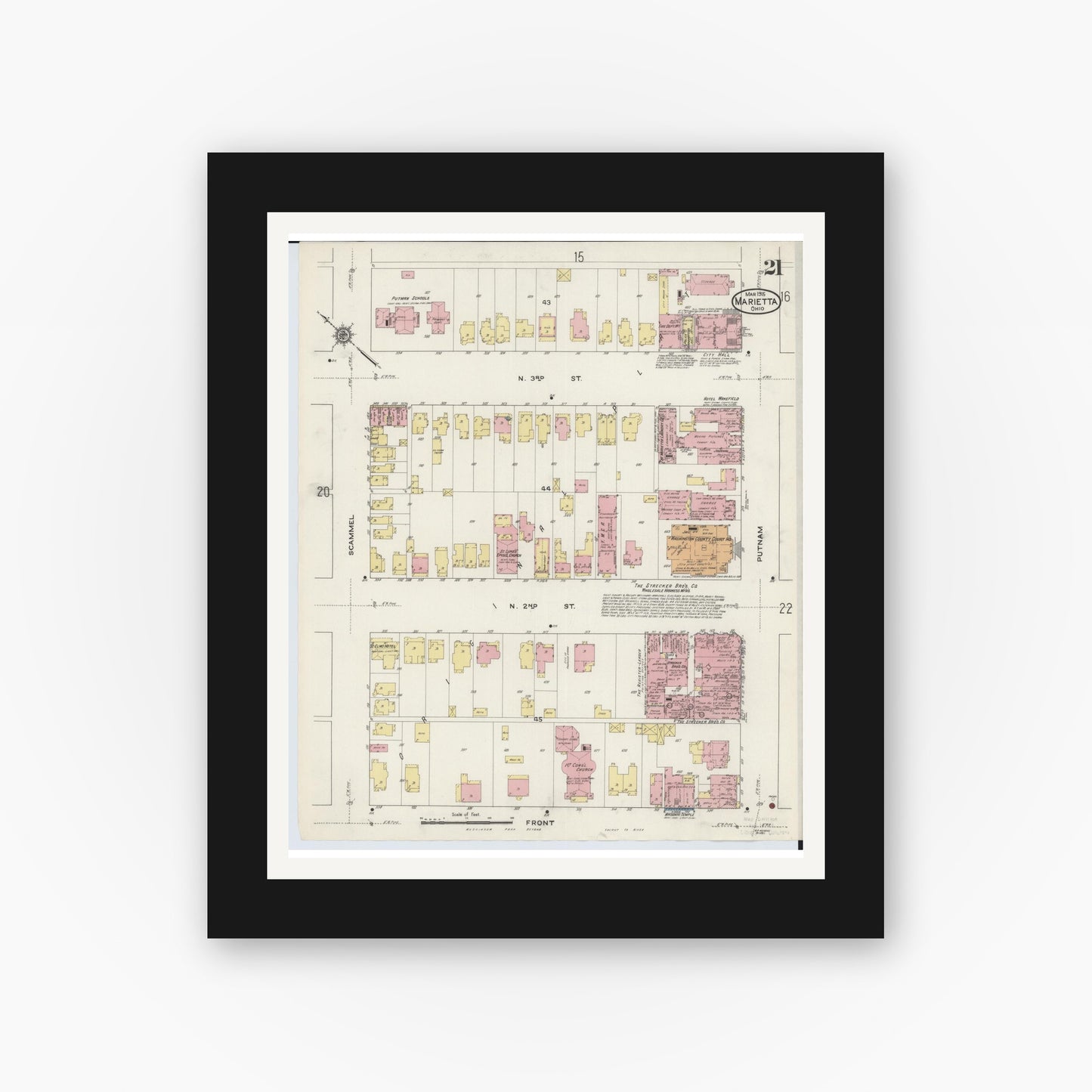 Old map wall art mockup — black gallery frame with white mat — Sanborn Fire Insurance Map from Marietta, Washington County, Ohio (1915), Sheet #0021