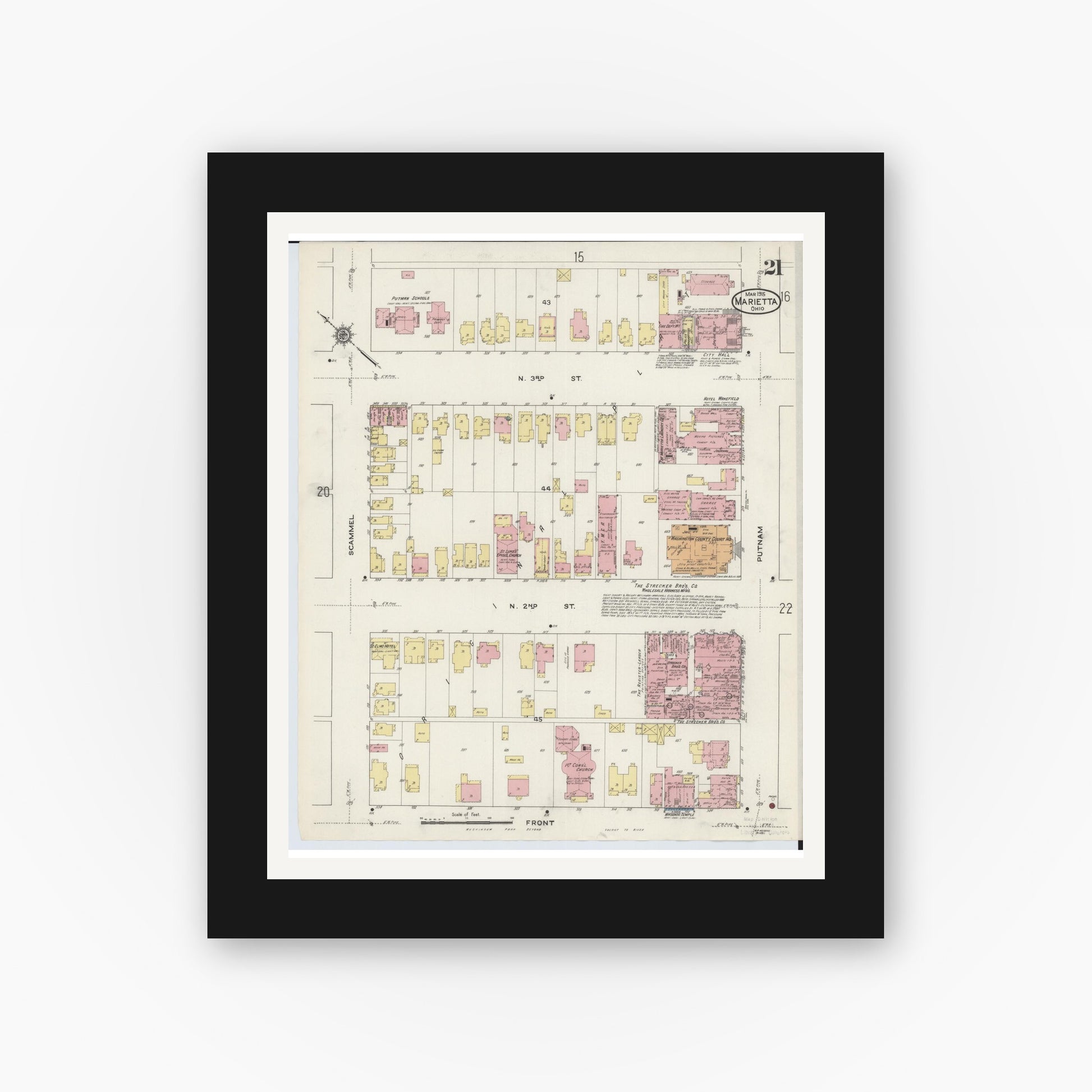 Old map wall art mockup — black gallery frame with white mat — Sanborn Fire Insurance Map from Marietta, Washington County, Ohio (1915), Sheet #0021