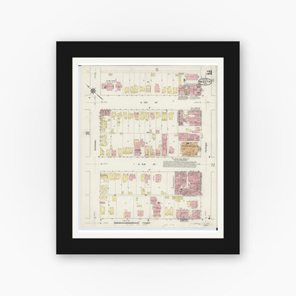 Old map wall art mockup — black gallery frame with white mat — Sanborn Fire Insurance Map from Marietta, Washington County, Ohio (1915), Sheet #0021