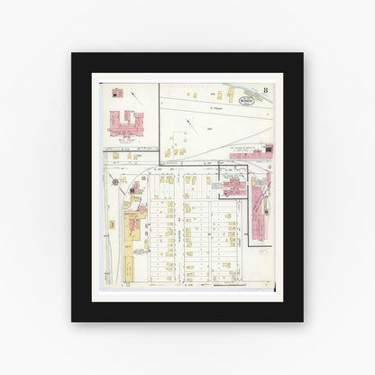 Old map wall art mockup — black gallery frame with white mat — Sanborn Fire Insurance Map from Monroe, Monroe County, Michigan (1916), Sheet #0008