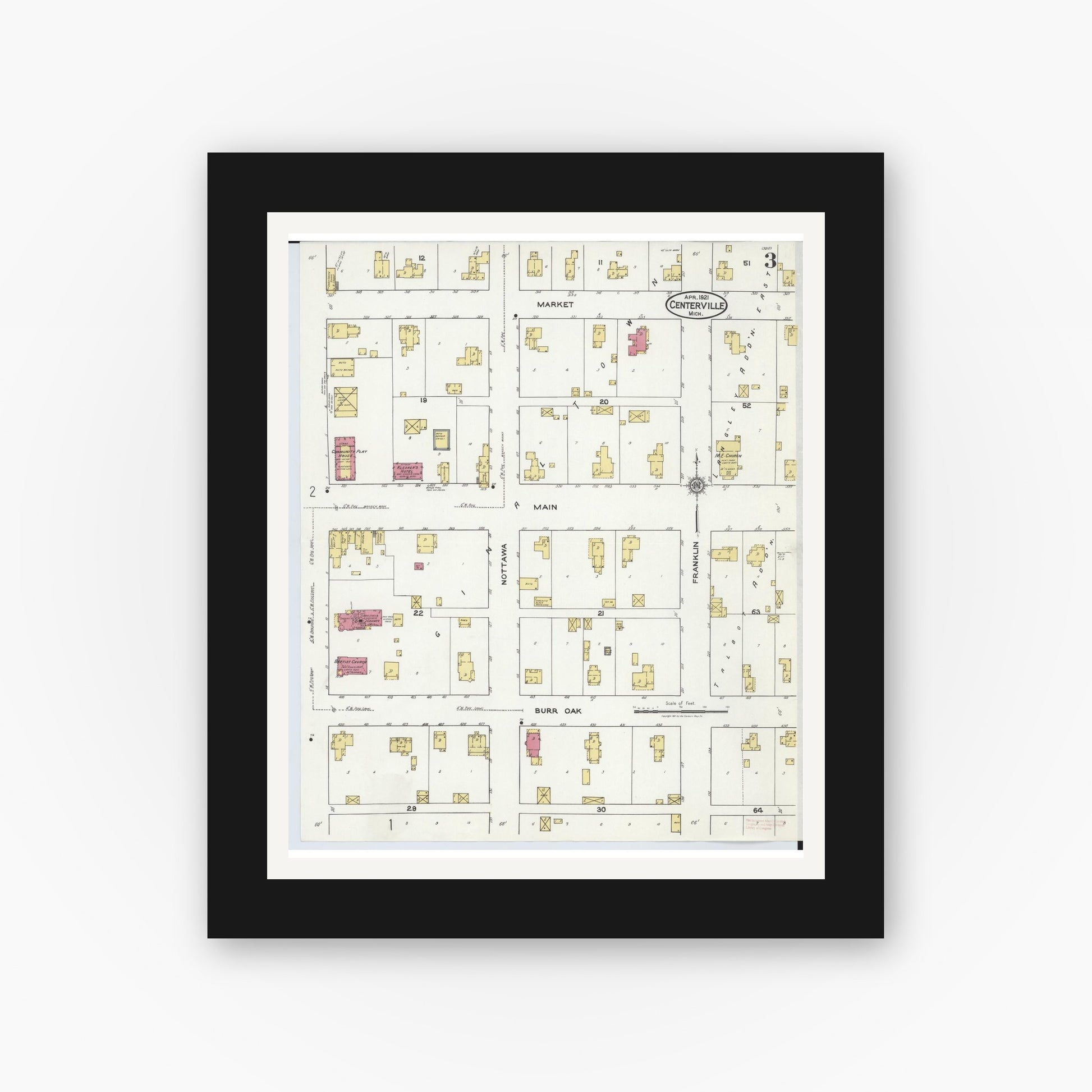 Old map wall art mockup — black gallery frame with white mat — Sanborn Fire Insurance Map from Centreville, Saint Joseph County, Michigan (1921), Sheet #0003