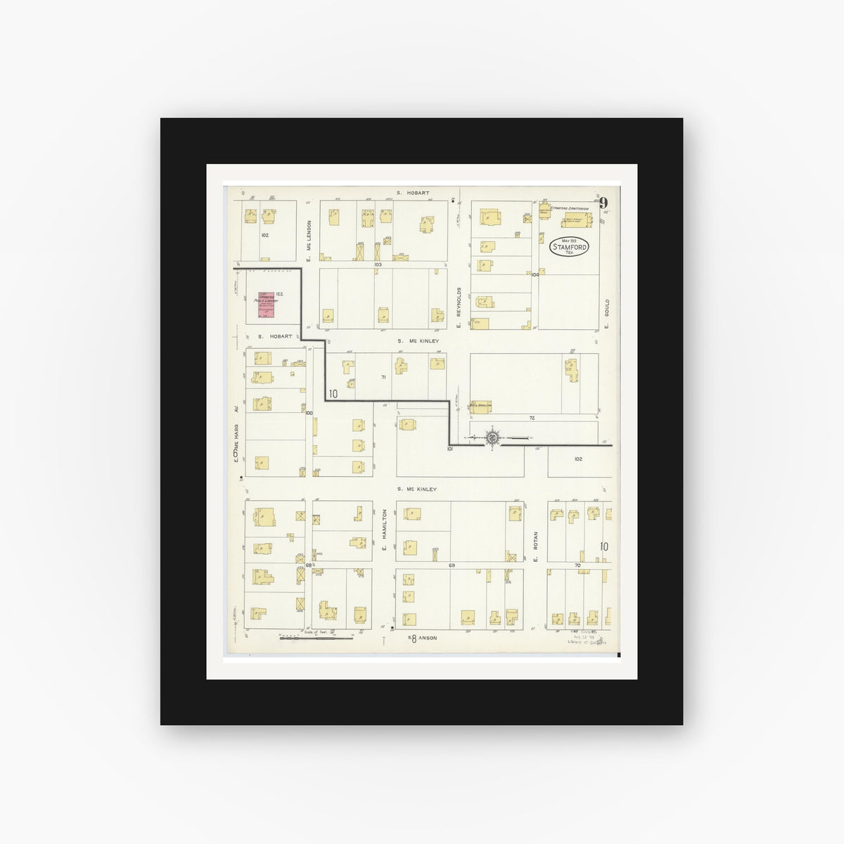 Old map wall art mockup — black gallery frame with white mat — Sanborn Fire Insurance Map from Stamford, Jones County, Texas (1913), Sheet #0009
