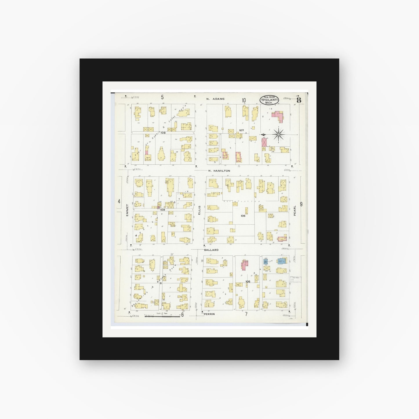 Old map wall art mockup — black gallery frame with white mat — Sanborn Fire Insurance Map from Ypsilanti, Washtenaw County, Michigan (1909), Sheet #0008