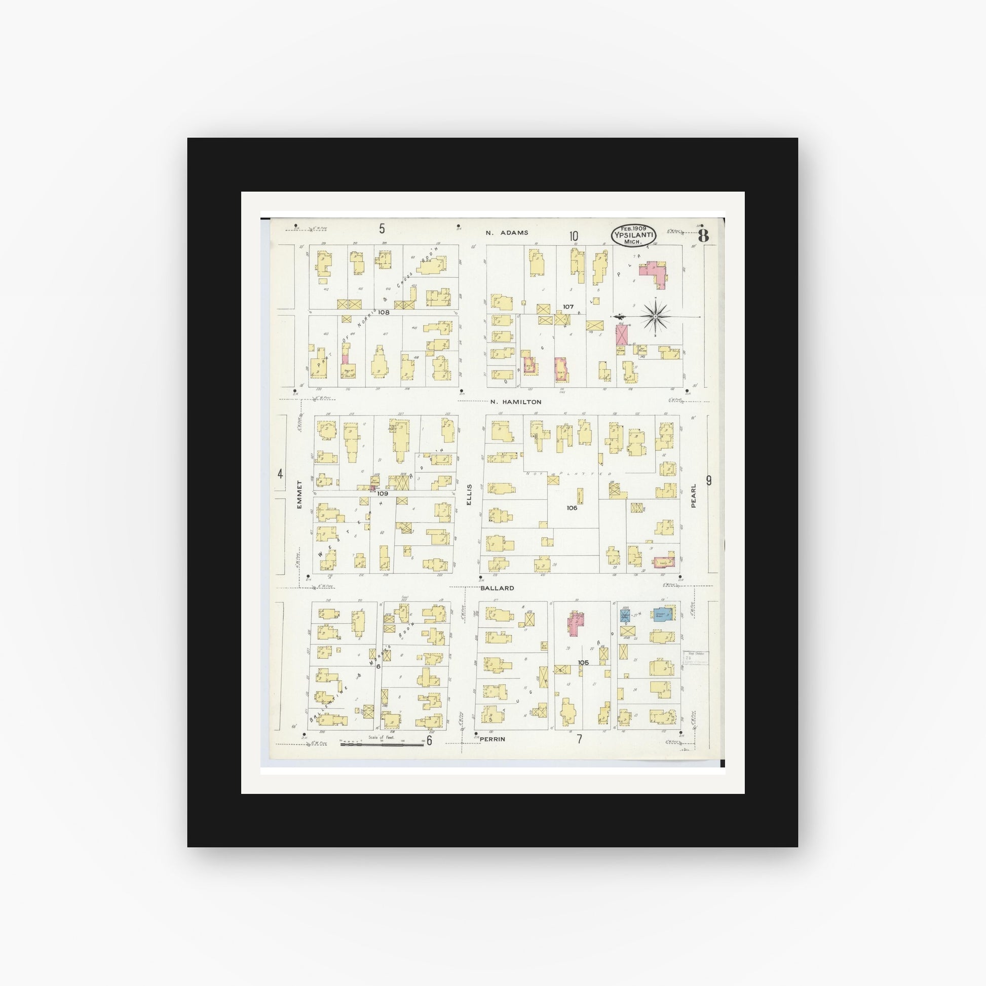 Old map wall art mockup — black gallery frame with white mat — Sanborn Fire Insurance Map from Ypsilanti, Washtenaw County, Michigan (1909), Sheet #0008