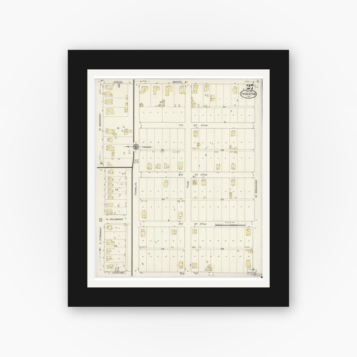 Old map wall art mockup — black gallery frame with white mat — Sanborn Fire Insurance Map from Princeton, Gibson County, Indiana (1914), Sheet #0027