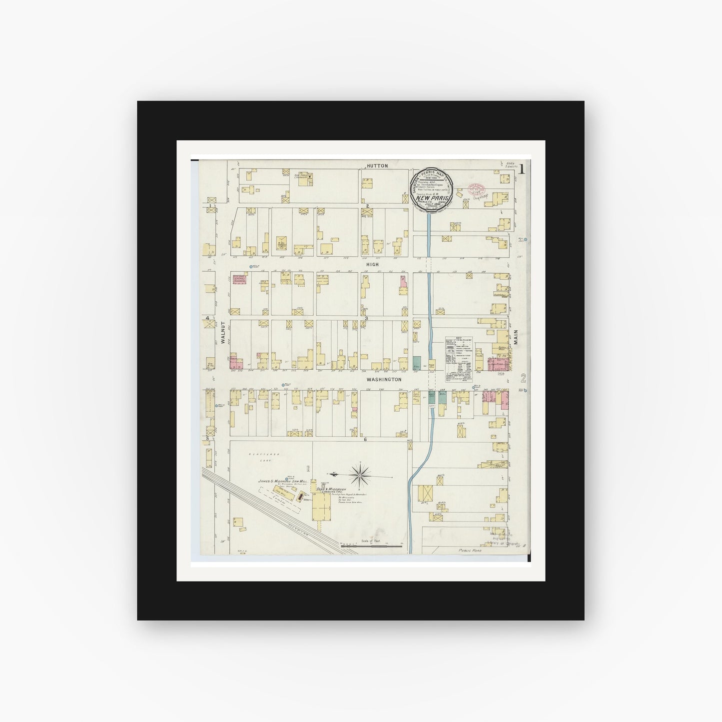 Old map wall art mockup — black gallery frame with white mat — Sanborn Fire Insurance Map from New Paris, Preble County, Ohio (1895) - Complete Map Set