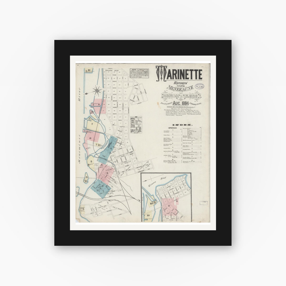 Old map wall art mockup — black gallery frame with white mat — Sanborn Fire Insurance Map from Marinette, Marinette County, Wisconsin (1884), Sheet #0001