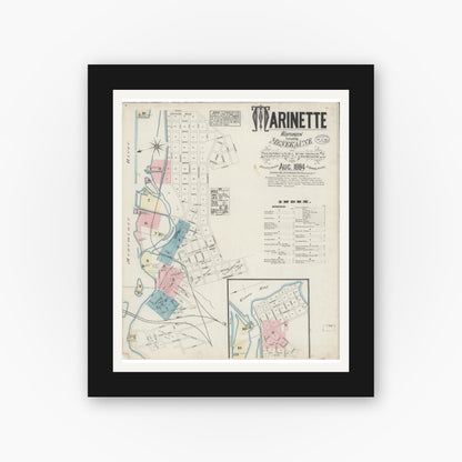 Old map wall art mockup — black gallery frame with white mat — Sanborn Fire Insurance Map from Marinette, Marinette County, Wisconsin (1884), Sheet #0001