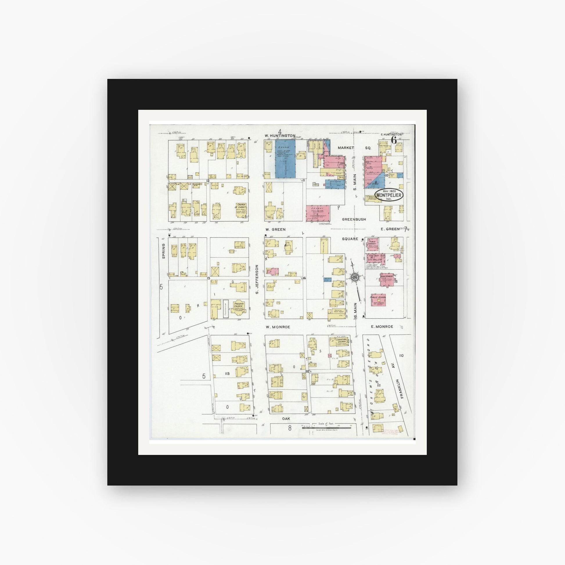 Old map wall art mockup — black gallery frame with white mat — Sanborn Fire Insurance Map from Montpelier, Blackford County, Indiana (1920), Sheet #0006
