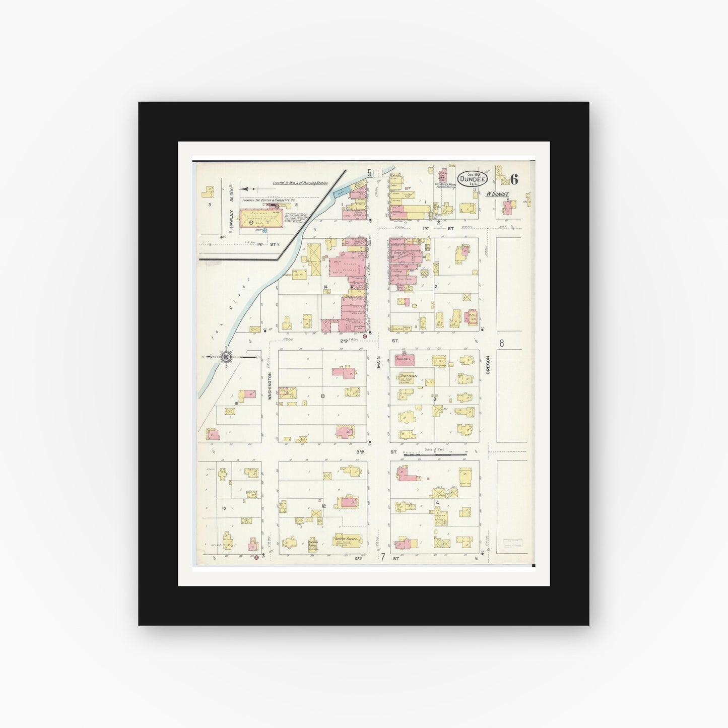 Old map wall art mockup — black gallery frame with white mat — Sanborn Fire Insurance Map from Dundee, Kane County, Illinois (1912), Sheet #0006
