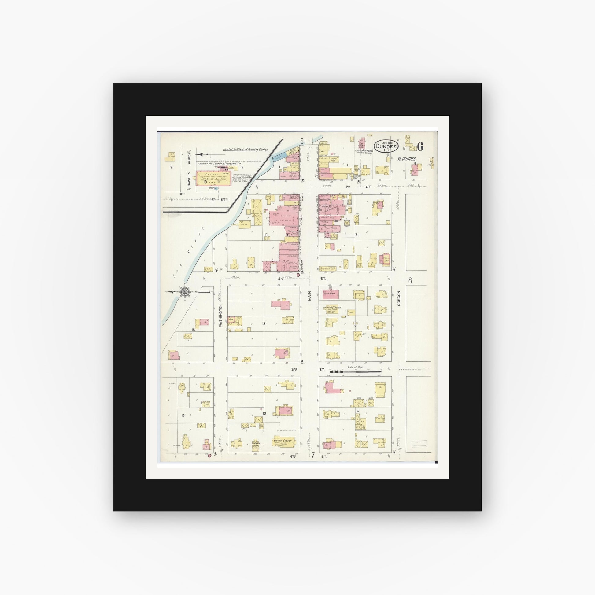 Old map wall art mockup — black gallery frame with white mat — Sanborn Fire Insurance Map from Dundee, Kane County, Illinois (1912), Sheet #0006