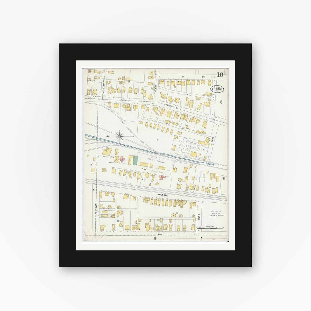 Old map wall art mockup — black gallery frame with white mat — Sanborn Fire Insurance Map from Sharon, Mercer County, Pennsylvania (1903), Sheet #0010