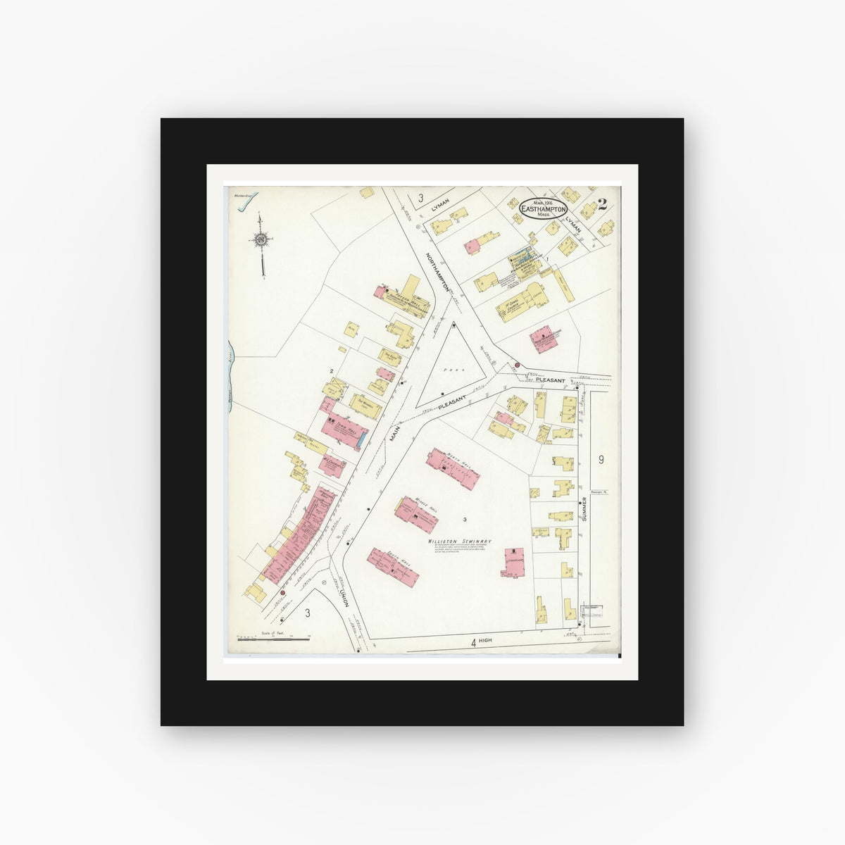 Old map wall art mockup — black gallery frame with white mat — Sanborn Fire Insurance Map from East Hampton, Hampshire County, Massachusetts (1916), Sheet #0002