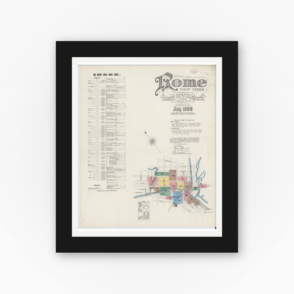 Old map wall art mockup — black gallery frame with white mat — Sanborn Fire Insurance Map from Rome, Oneida County, New York (1888), Sheet #0001