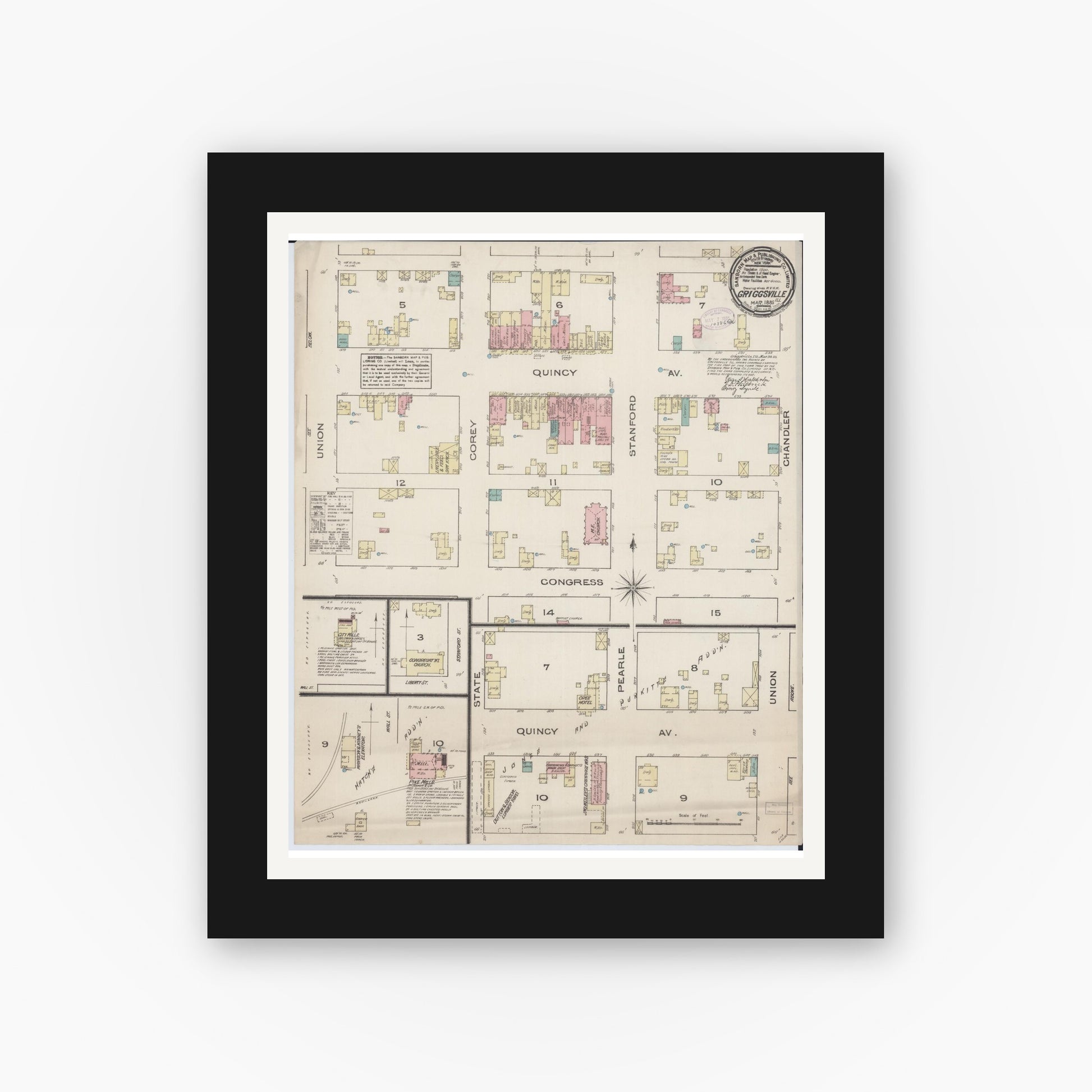 Old map wall art mockup — black gallery frame with white mat — Sanborn Fire Insurance Map from Griggsville, Pike County, Illinois (1885), Sheet #0001