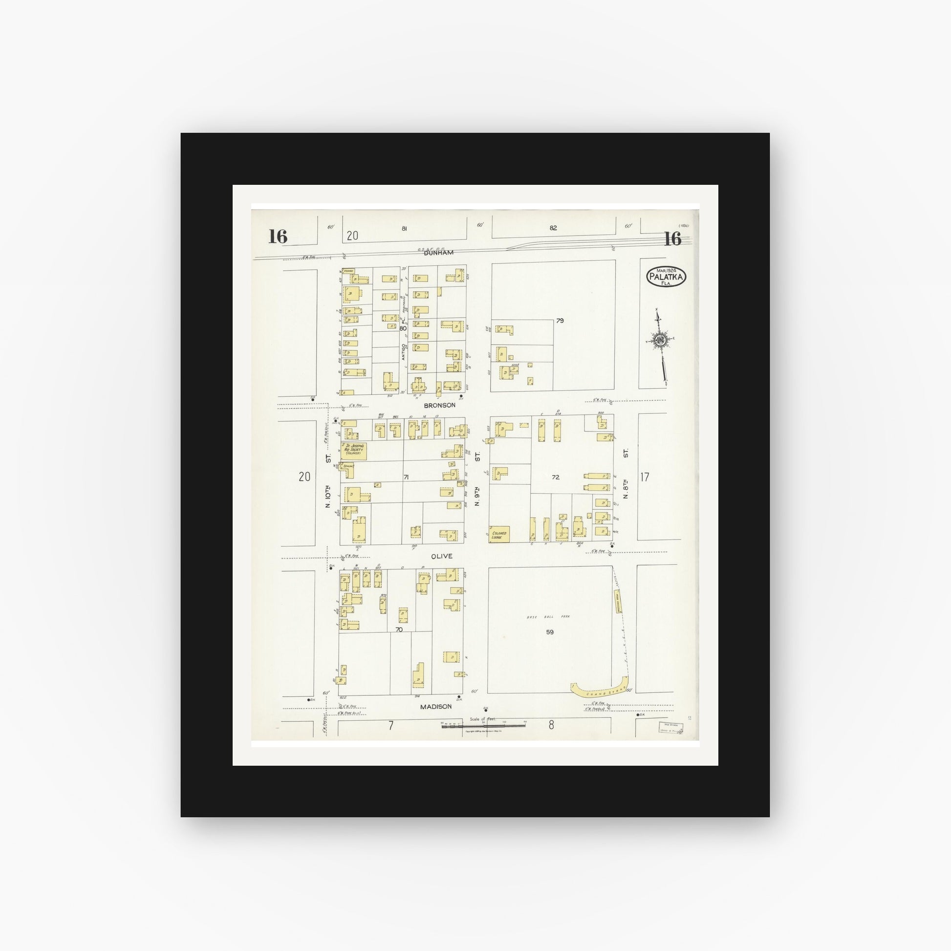 Old map wall art mockup — black gallery frame with white mat — Sanborn Fire Insurance Map from Palatka, Putnam County, Florida (1924), Sheet #0016