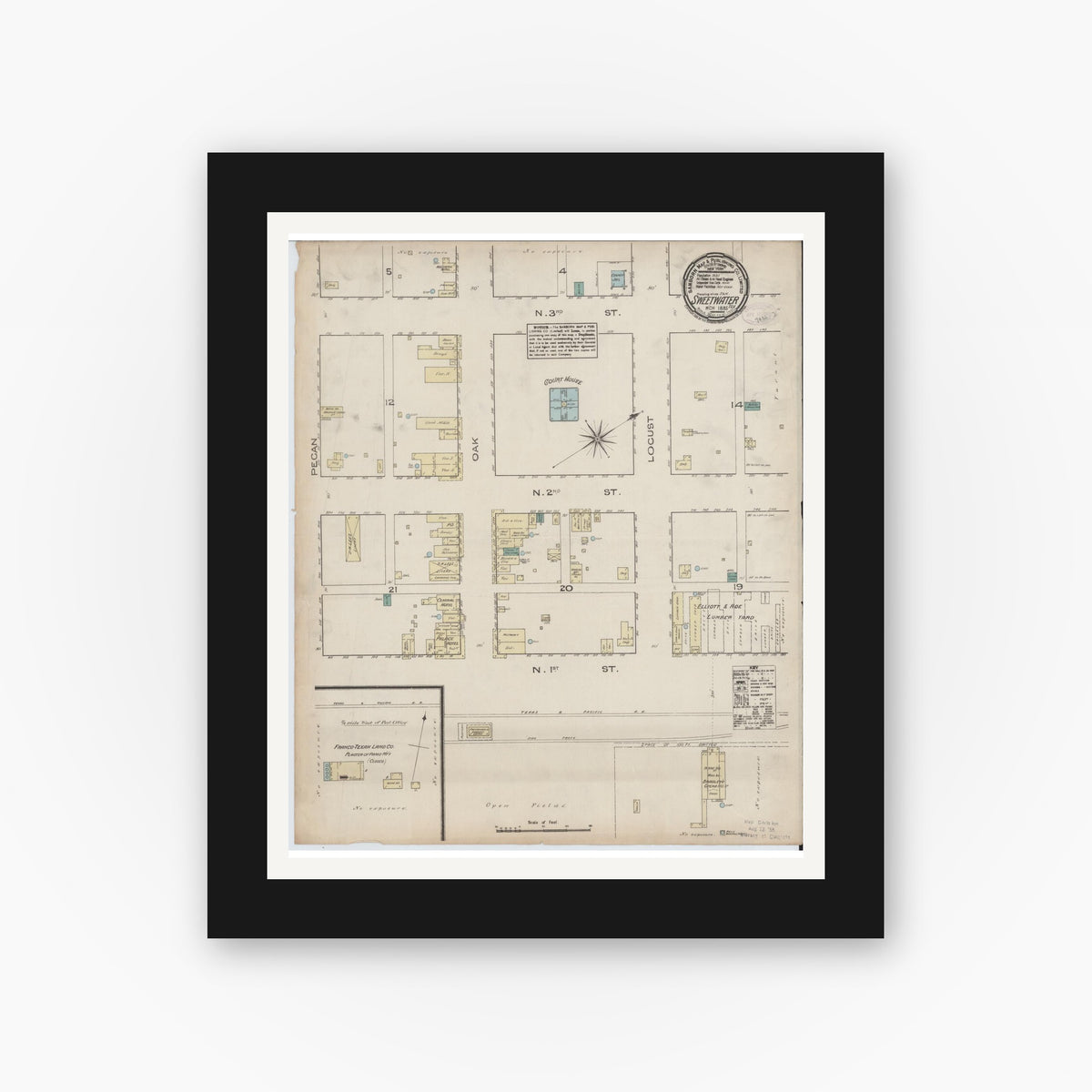 Old map wall art mockup — black gallery frame with white mat — Sanborn Fire Insurance Map from Sweetwater, Nolan County, Texas (1885), Sheet #0001