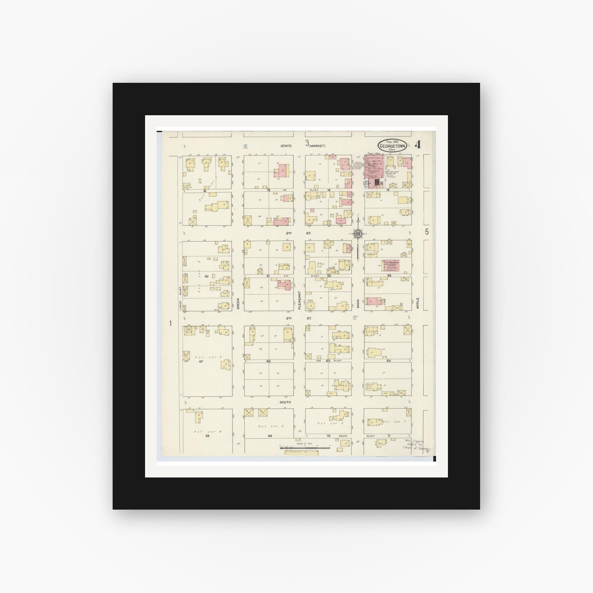 Old map wall art mockup — black gallery frame with white mat — Sanborn Fire Insurance Map from Georgetown, Brown County, Ohio (1912), Sheet #0004
